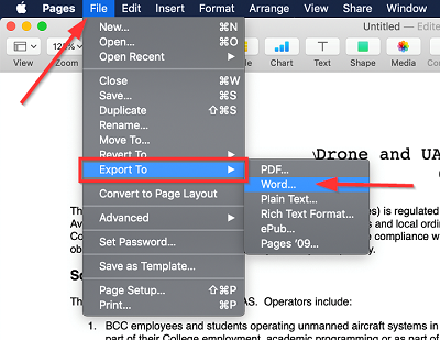 Screenshot of file menu and Export option in Pages