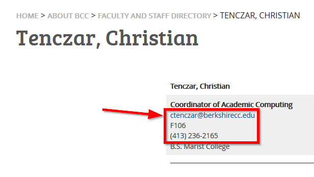 A screenshot of a Faculty/Staff's contact information
