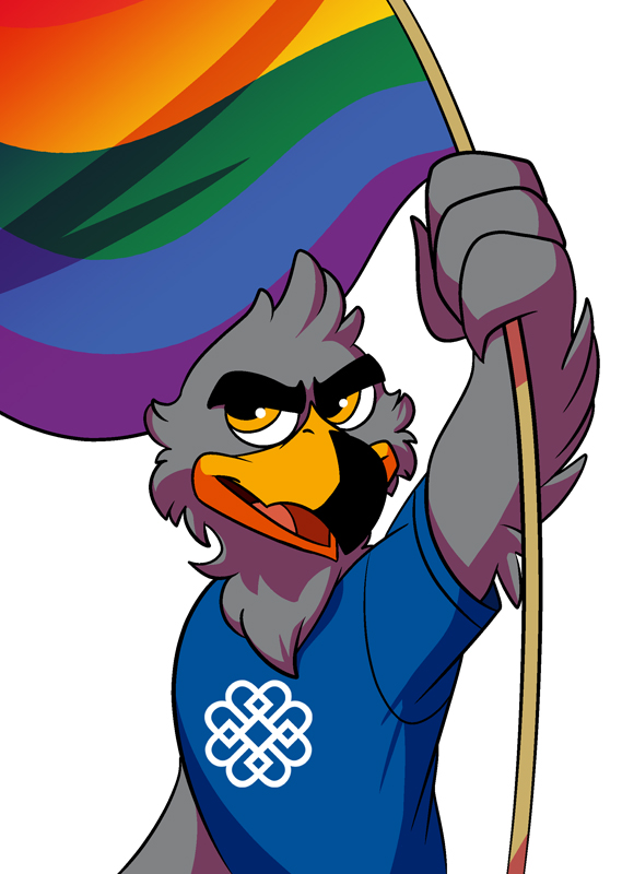 Burke the Falcon holding a rainbow pride flag.