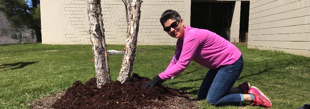 A Service-learning participant landscaping on the BCC campus