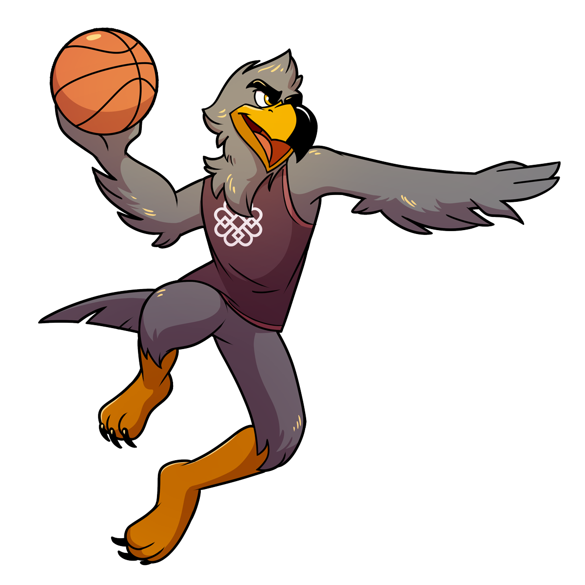 Graphic of Burke the falcon mascot playing basketball
