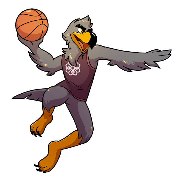 Graphic of Burke the falcon mascot playing basketball