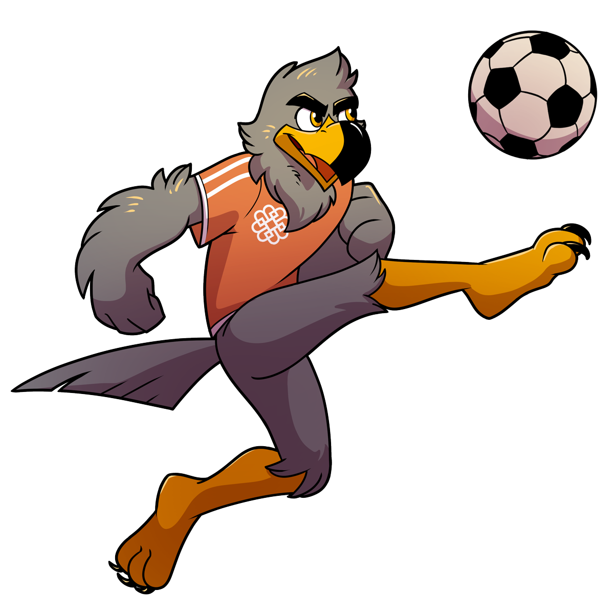 Graphic of Burke the falcon mascot playing soccer