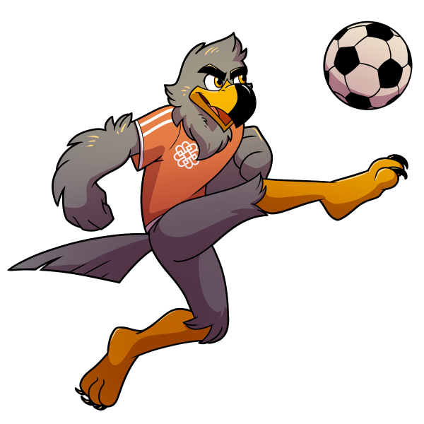 Graphic of Burke the falcon mascot playing soccer