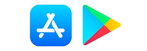 A screenshot of Apple App Store and Google Play Store icons