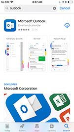A screenshot of Microsoft Outlook searched in Apple App Store