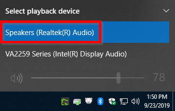 screenshot of audio selection menu in Windows 10