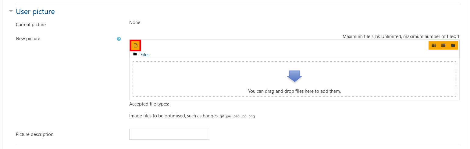 screen shot of adding moodle profile icon