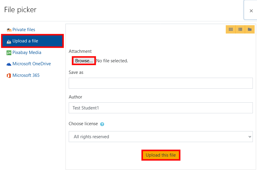 screenshot of Moodle upload screen