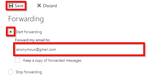Screenshot of new email address and forwarding checkbox with save button.
