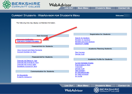 screenshot of webadvisor menu