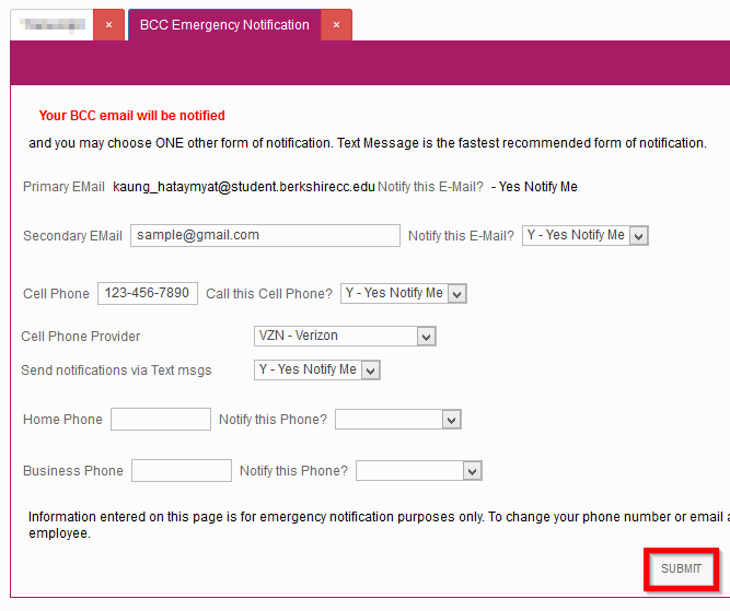 screenshot of the emergency enrollment information entry