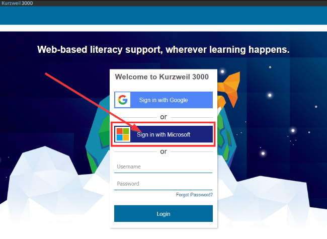 screenshot of the Kurzweil login screen and Microsoft login button