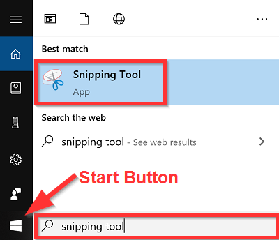 Screenshot of windows start button and searching for snipping tool