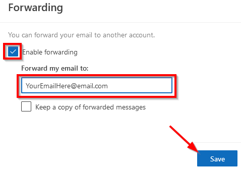Screenshot of new email address and forwarding checkbox with save button.