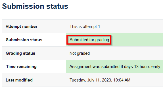 screenshot of submitted for grading screen