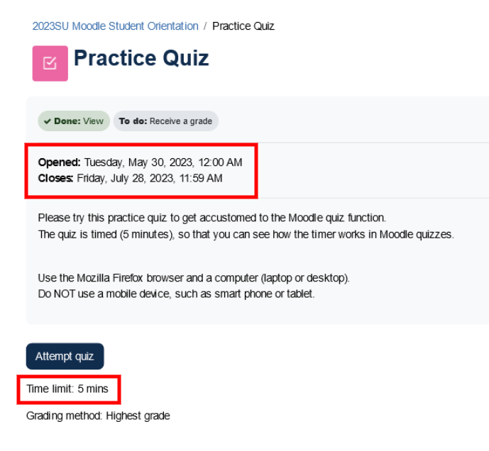 Image showing a quiz block in Moodle