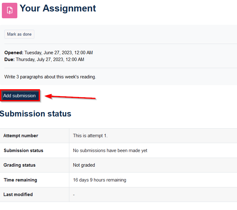 A screenshot of the Moodle Assignment screen where Add Submission button is highlighted