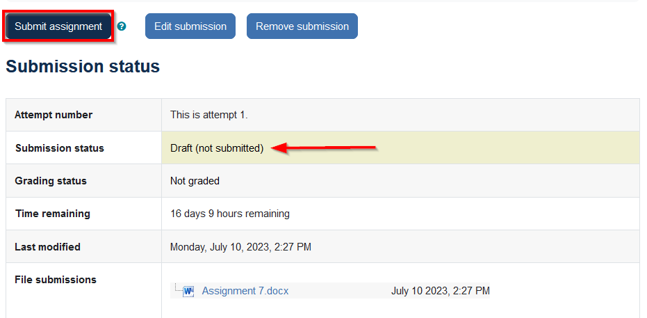 A screenshot of the Moodle Assignment screen where Submit assignment button is highlighted at the bottom of the Edit submission button