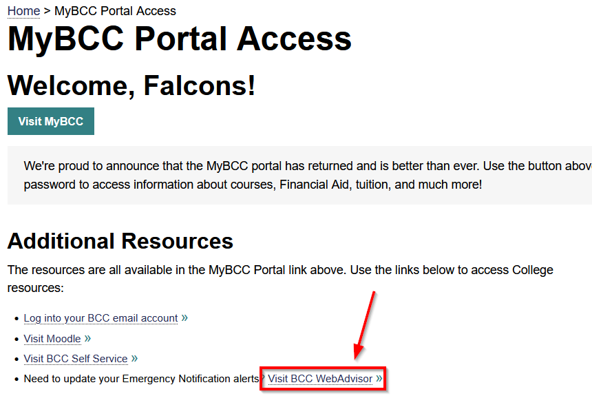 Screenshot of temporary MyBCC page