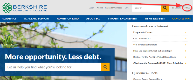 screenshot of MyBCC login link
