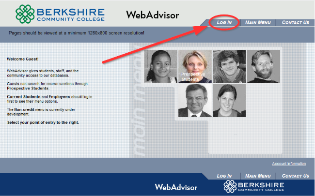 screenshot of WebAdvisor login screen