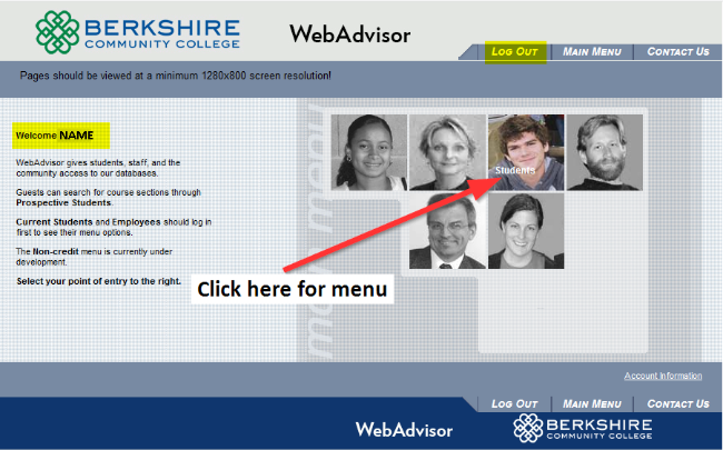 screenshot of WebAdvisor menu