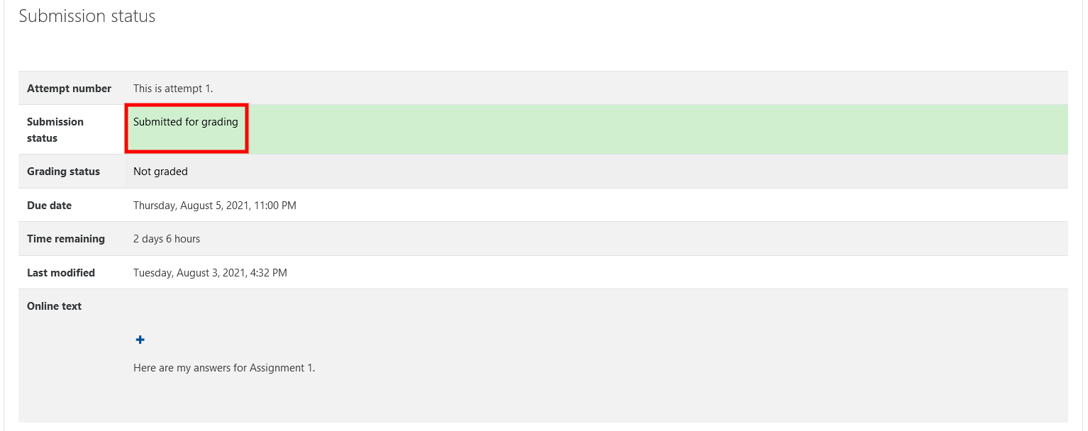 screenshot of submitted for grading screen