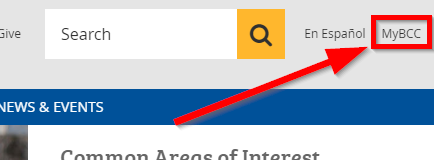 A screenshot of BCC website highlighting MyBCC on the right corner of the screen
