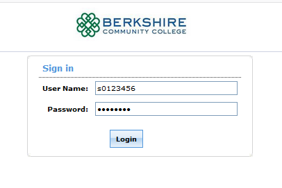 A screenshot of Sign in dialog box where students should enter their username as s followed by 7 digits of student ID and their password as MyBCC password.