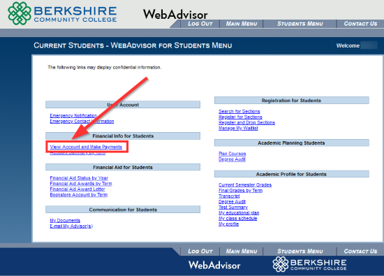 screenshot of webadvisor screen