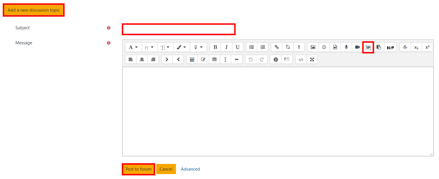 screenshot of discussion forum post screen with Word import button highlighted