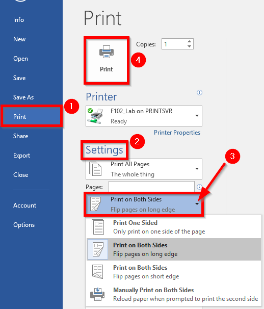 A screenshot of Settings section where Print on Both Sides is highlighted in a drop-down list