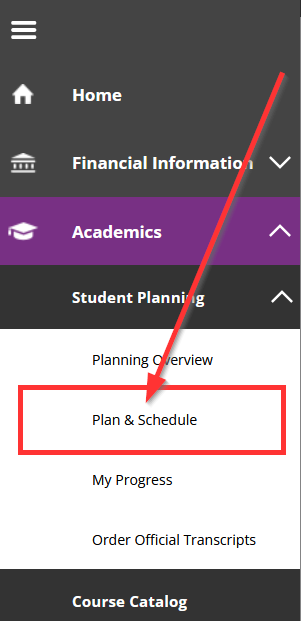 screenshot of menu to find course planing