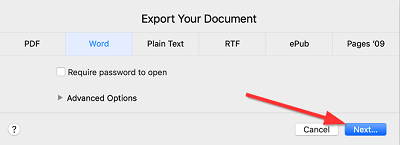 Screenshot of Export window in Pages