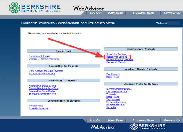 screenshot of webadvisor menu
