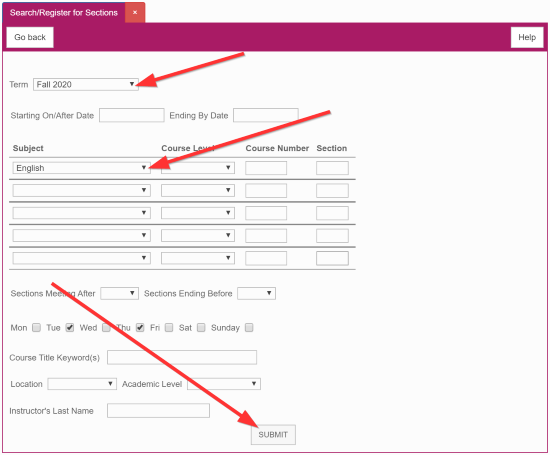 screenshot of webadvisor course search window