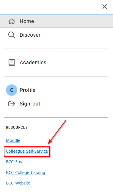 screenshot of Self Service link in MyBCC 