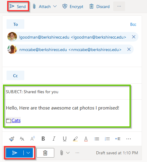 screenshot of writing a custom message for sharing in OneDrive