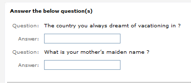 screenshot of security questions