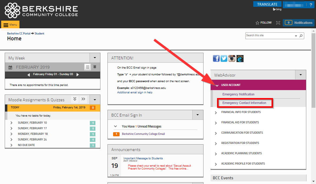 screenshot of the emergency contact info option in web advisor