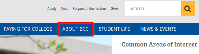 A screenshot of BCC website highlighting ABOUT BCC link