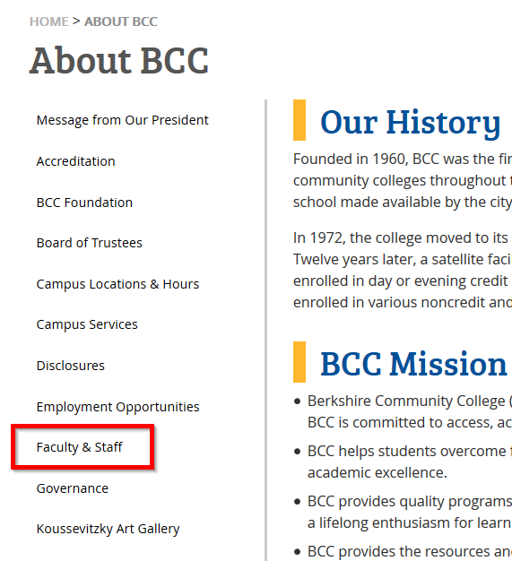 A screenshot of ABOUT BCC page highlighting Faculty and Staff link