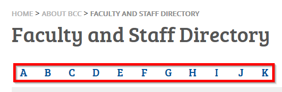 A screenshot of top part of the Faculty and Staff Directory page where alphabets A to Z are displayed in a row to help users navigate the page