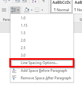 Screenshot of line spacing dropdown.