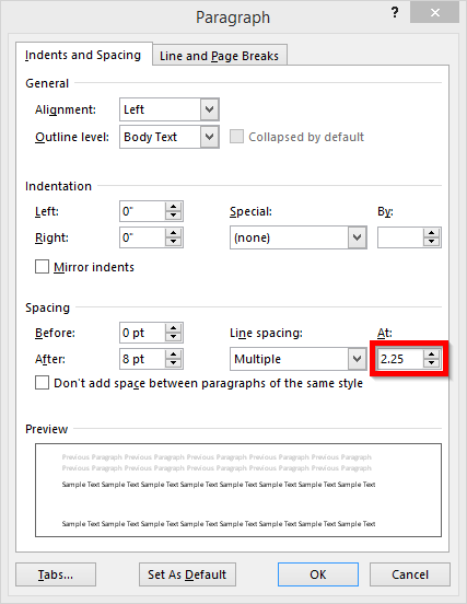 Screenshot of indents and spacing settings.