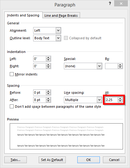 paragraph spacing in word after